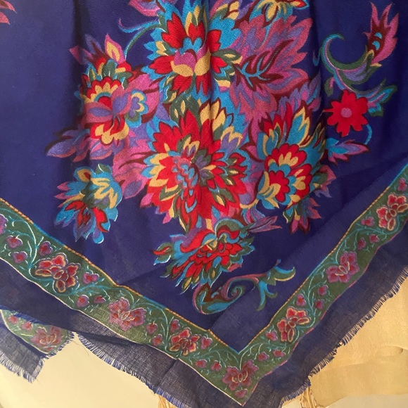 Blue floral pashmina fabric square scarf. 30” sq. - Picture 2 of 5